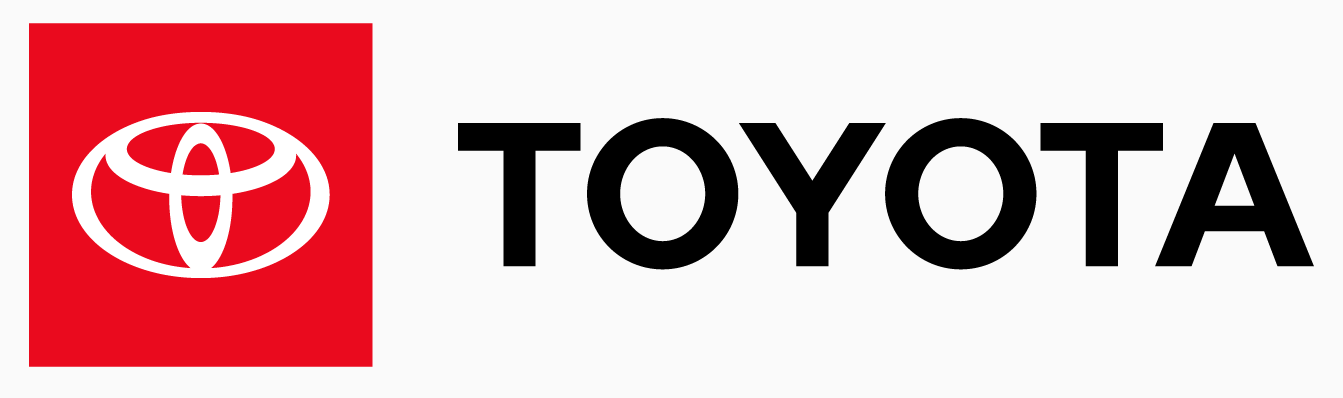 Toyota logo: red square with white emblem to the left and 'TOYOTA' in bold black letters to the right.