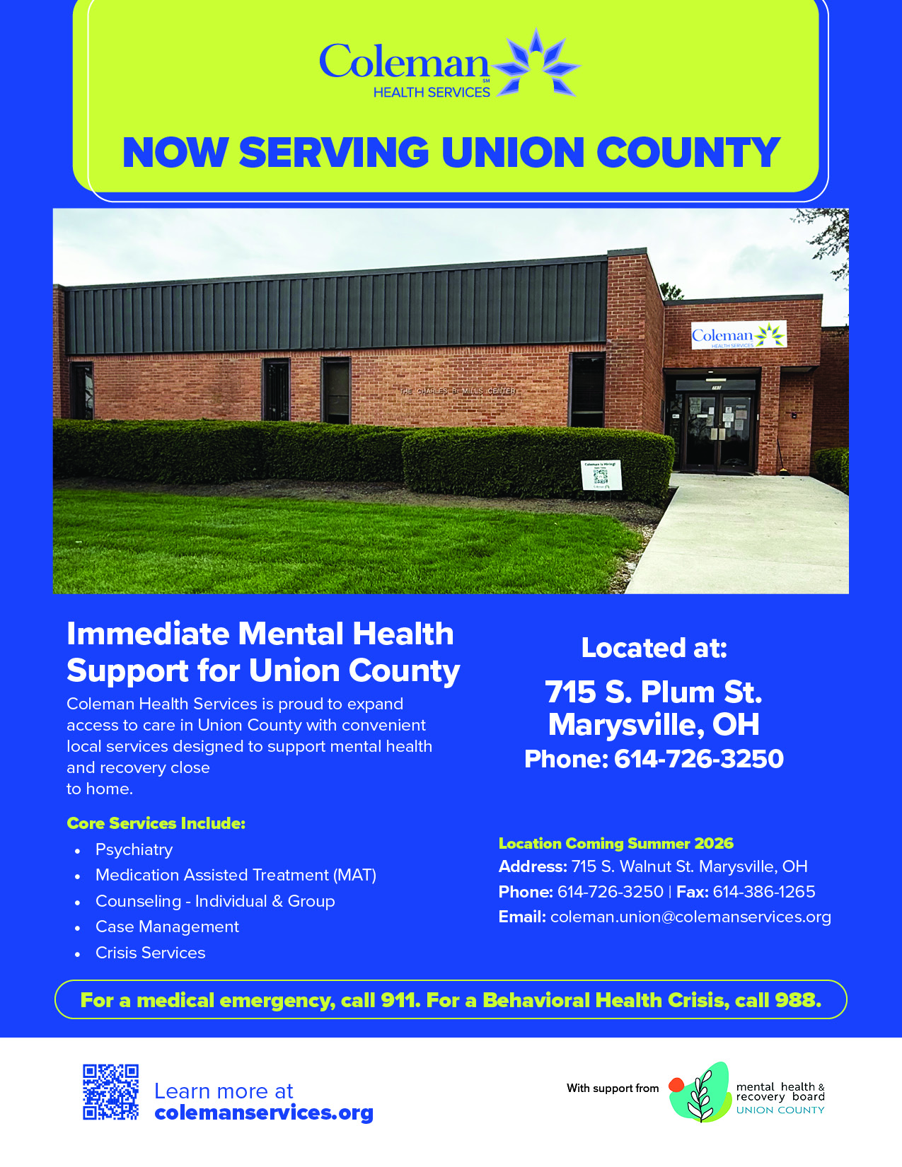 Flyer announcing Coleman Health Services now serving Union County, with a brick clinic photo and bold blue and lime design including address and contact info.