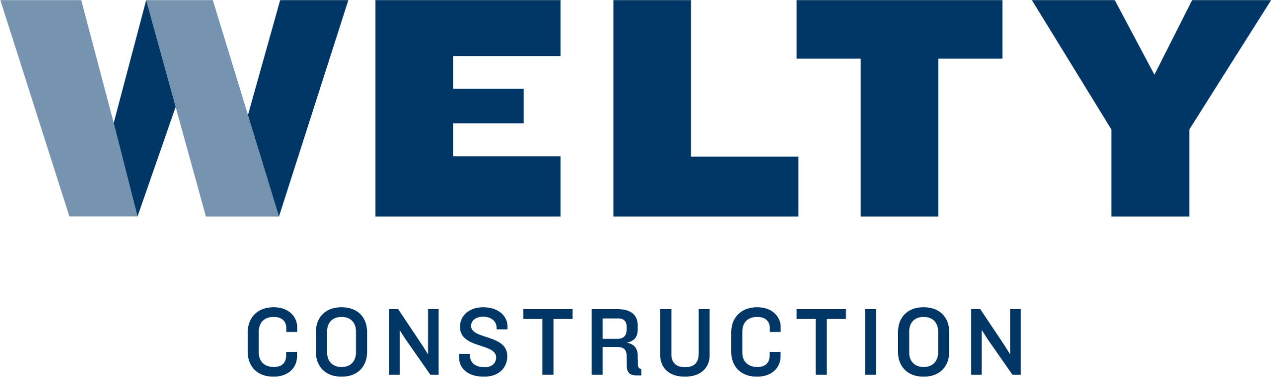 Logo for WEELY Construction featuring a stylized blue 'W' icon and bold navy 'WEELY' with 'CONSTRUCTION' beneath.