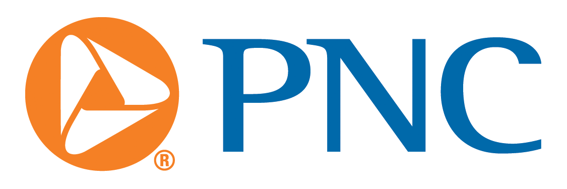 PNC logo: orange circle containing a white triangular play-like mark, next to blue “PNC” text
