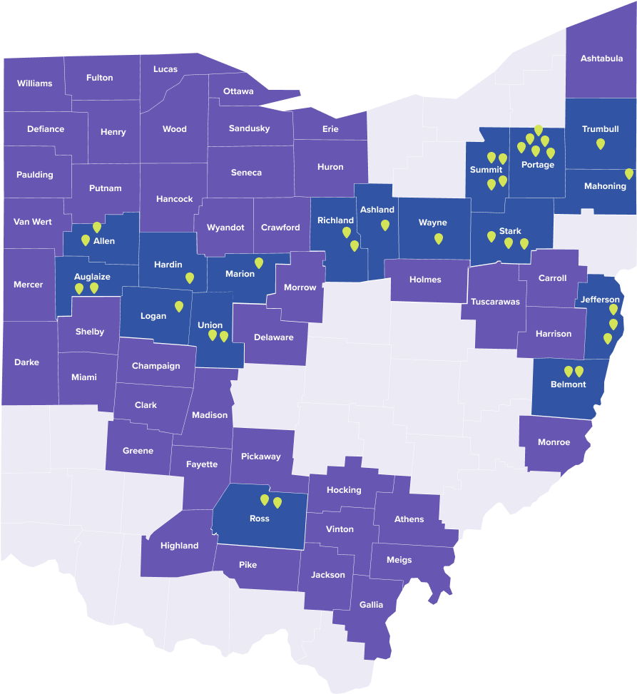 Color-coded county map with several yellow pins marking selected counties across the state area.
